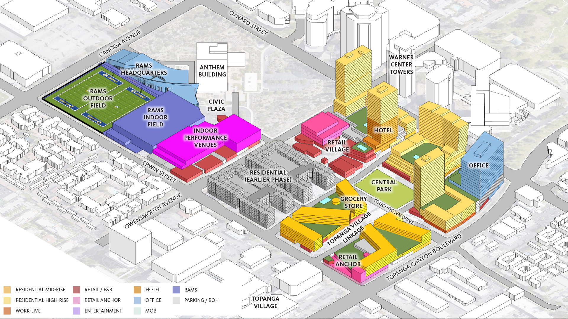 Aerial rendering of proposed Rams Village at Warner Center in Woodland Hills