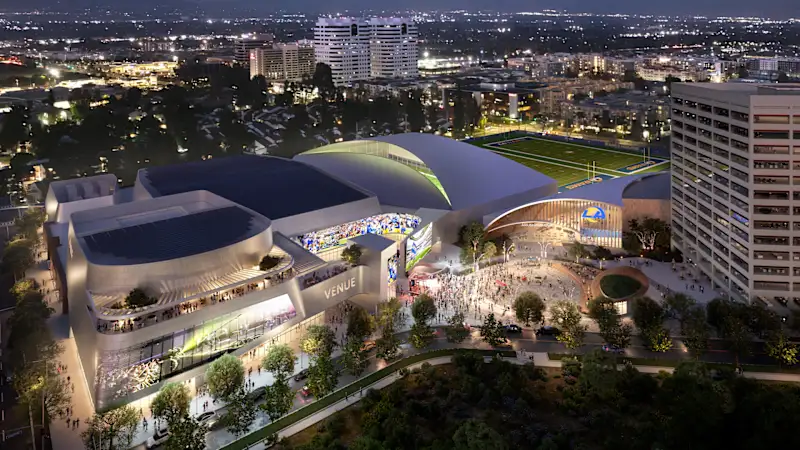 Rendering of proposed Rams Village headquarters and training facilities in Woodland Hills